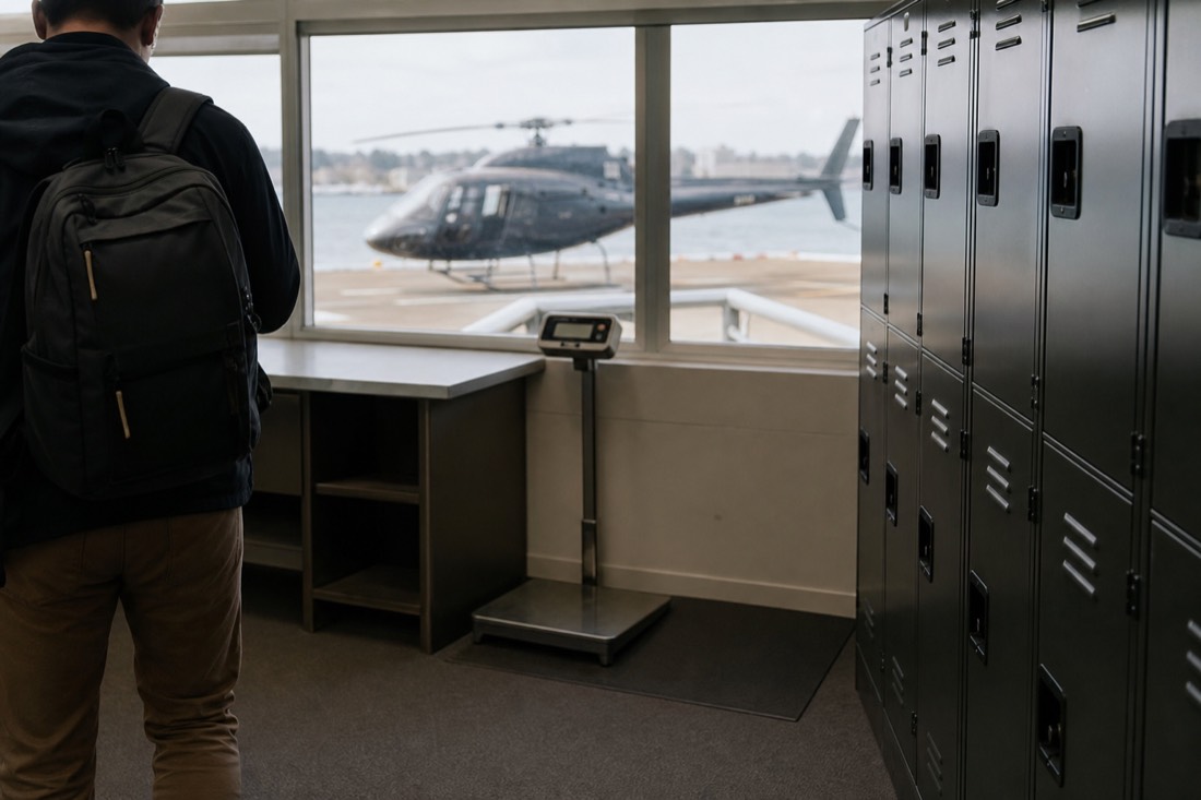Check-in scale and lockers at a New York helicopter tour heliport